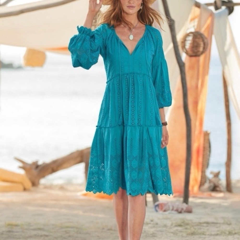 Tolani Eyelet Cottagecore Boho Elegant Teal Long Sleeve ViVi Dress Medium
